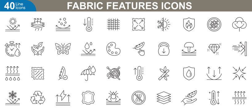 Fabric features icon set. Showcasing waterproof, UV protection, material attributes, performance capabilities for Fashion, apparel, textile industry and more. Vector illustration