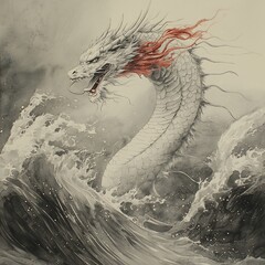Majestic White Dragon Emerging from Stormy Waves An Artistic Depiction of Mythical Creature.