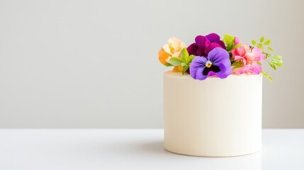 A delicate cake topped with vibrant, colorful flowers, set against a minimalist background, showcasing a blend of elegance and creativity.