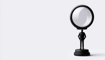 A figurine stands beside a large magnifying glass on a neutral background.