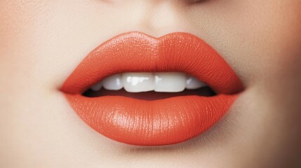 Obraz premium Close-up of Smooth Lips with Bright Orange Lipstick on a Soft Background