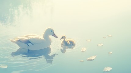 Obraz premium A family of ducks paddling in a tranquil pond.