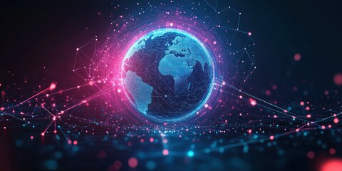 Global Network Visualization Digital Art with Holographic Earth Connections and Cyberpunk Aesthetics