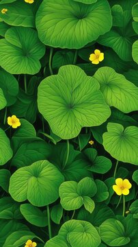 Vibrant green plant with small yellow flowers surrounded by soft spilanthes leaves creating a bright and cheerful nature scene