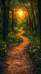 Obraz premium A winding path through a lush green forest bathed in sunlight