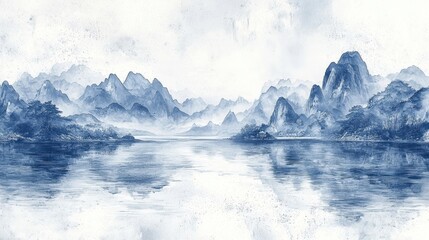 Fototapeta premium Serene Blue Landscape with Mountains and Calm Water Reflection in an Artistic Style