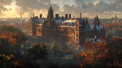 Obraz premium Autumnal castle cityscape, scenic view, winter sunrise, possible use for travel brochure