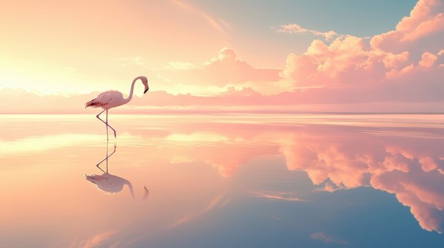 A flamingo standing in a shallow lagoon with reflections in the water.