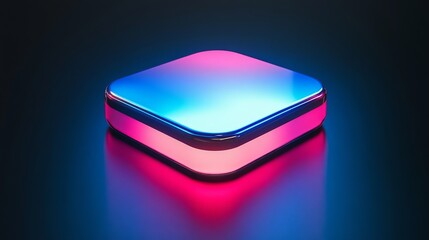 Colorful LED light box on a reflective surface with vibrant illumination in a dark setting