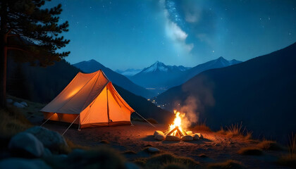 A peaceful camping site deep in the forest, with a glowing campfire, a wooden tent setup, and a starry night sky