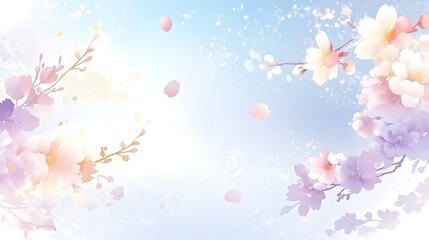 Fototapeta premium Watercolor Flowers And Petals Floating In The Blue Sky