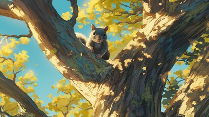 A gray squirrel scampering up a towering oak tree.