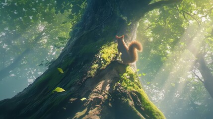 A gray squirrel scampering up a towering oak tree.