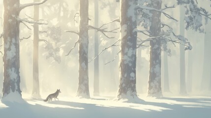 A gray wolf pack tracking through snow-covered woods.
