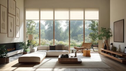 Fototapeta premium Motorized Roller Blinds and Solar Shades in a Minimalist Scandinavian Living Room with Natural Light