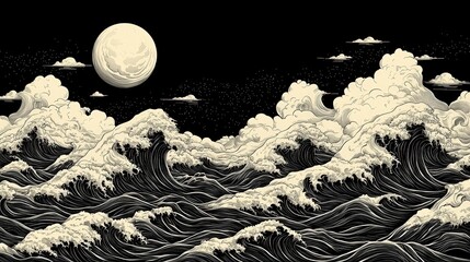 Serene Moonlit Ocean Waves at Night with Dramatic Clouds and Stylized Water Patterns