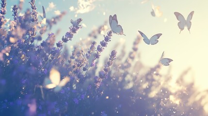 A group of butterflies fluttering above a field of lavender.