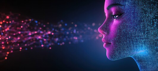 Obraz premium Futuristic Digital Face Cyberpunk Technology Circuit Patterns Quantum Computing Neon Lights