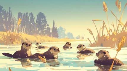 A group of playful otters floating on their backs in a calm river.