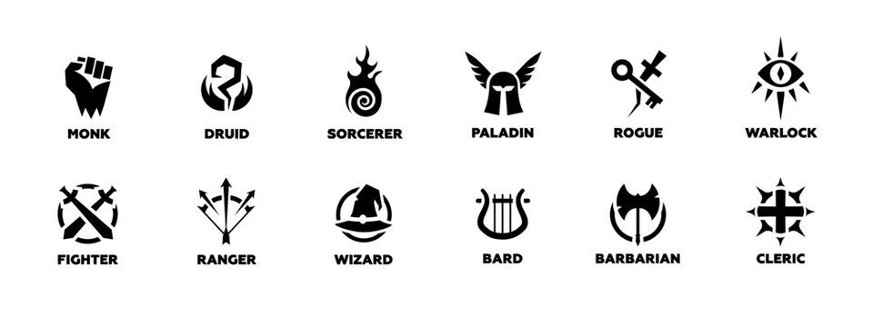 Icons of fantasy classes such as monk, paladin, warlock, and more in black and white.