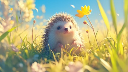 A hedgehog curled into a ball among soft grass.