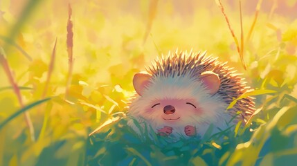 A hedgehog curled into a ball among soft grass.