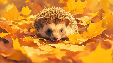 A hedgehog curled up on a bed of autumn leaves.