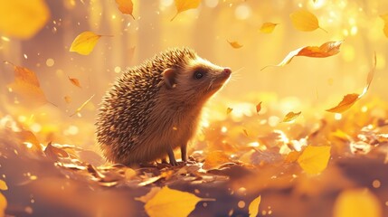A hedgehog sniffing the air amidst fallen autumn leaves.