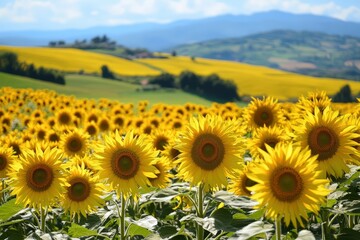 Vibrant Sunflowers Flourish on Rolling Hills Under a Bright Blue Sky in a Picturesque Countryside Landscape
