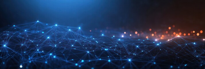 Fototapeta premium Futuristic Digital Network Visualization Glowing Blue Lines Nodes Dark Background Minimalist Sci-Fi Aesthetic