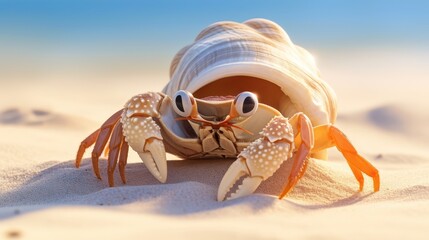 A hermit crab peeking out from its shell on a sandy shore.