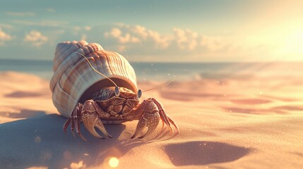 A hermit crab peeking out from its shell on a sandy shore.
