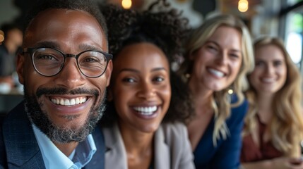 Fototapeta premium Diverse group of cheerful professionals smiles warmly at the camera during a casual business gathering or friendly social event