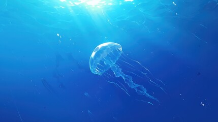 A jellyfish floating serenely in the deep ocean.