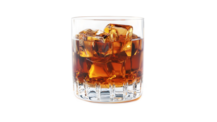A glass of ice cold tea with ice cubes in it. The ice cubes are floating in the tea, creating a refreshing and cool drink. The glass is sitting on a white background