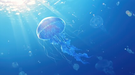 A jellyfish floating serenely in the deep ocean.