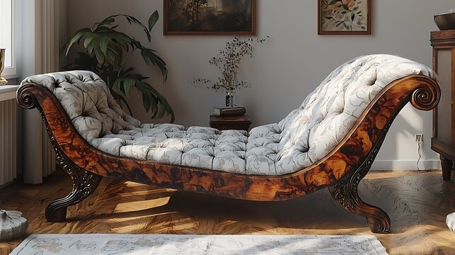 Antique chaise lounge in a light-filled room. Interior design. Possible use Stock photo for home decor