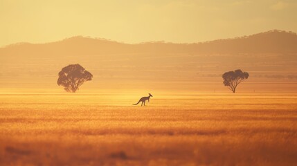 A kangaroo hopping across an open expanse of outback.