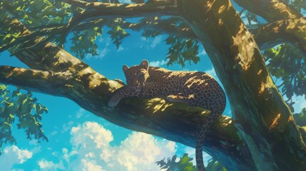 A leopard lounging in the branches of a tall tree.