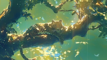 A leopard lounging in the branches of a tall tree.