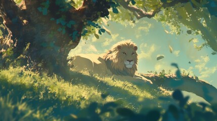 A lion lounging in the shade of a tall tree.