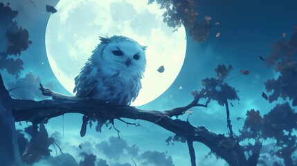 A lone owl perched on a branch during a moonlit night.