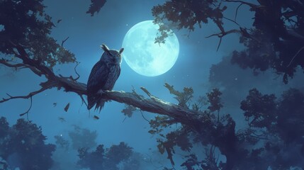 A lone owl perched on a branch during a moonlit night.