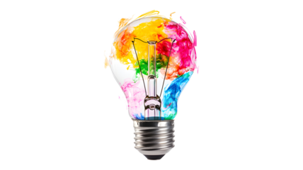 A colorful light bulb with a rainbow of colors. The light bulb is lit up and is surrounded by a white background. The light bulb is a symbol of creativity and inspiration