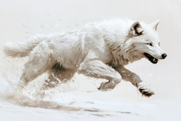 Obraz premium Arctic wolf running, snow flurry background, winter wildlife, nature poster