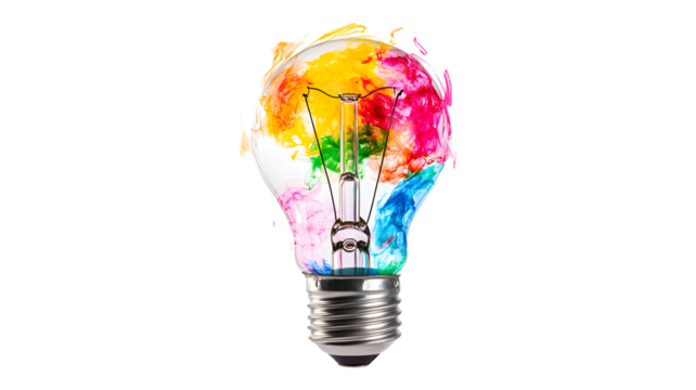 A colorful light bulb with a rainbow of colors. The light bulb is lit up and is surrounded by a white background. The light bulb is a symbol of creativity and inspiration
