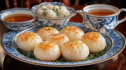 Traditional Asian Rice Dumplings on Decorative Plate, with Tea and Side Dishes