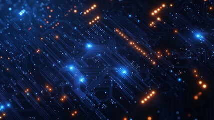 Futuristic Circuit Board Background with Intricate Blue Patterns and Glowing Neon Lights