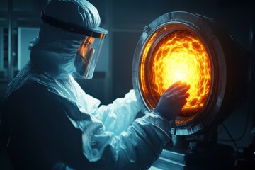 Scientist conducts an experiment with glowing energy source in a laboratory setting