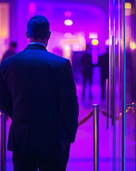Security guard at exclusive event entrance with neon lighting